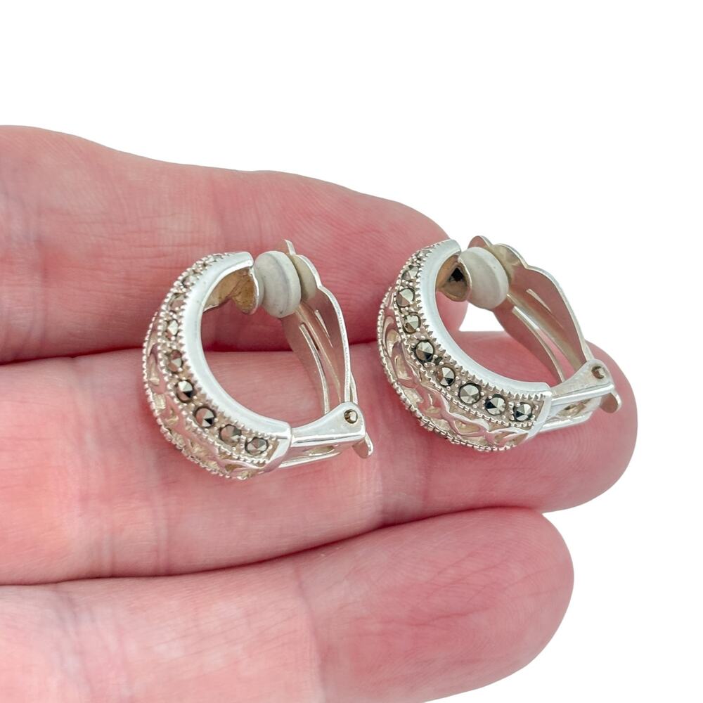 Vintage Sterling Silver 925 Marcasite Hoop Earrings